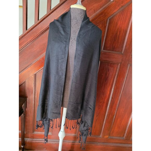 Pashmina Silk Black Fringed Shawl Wrap 72" X 27" - Picture 1 of 4